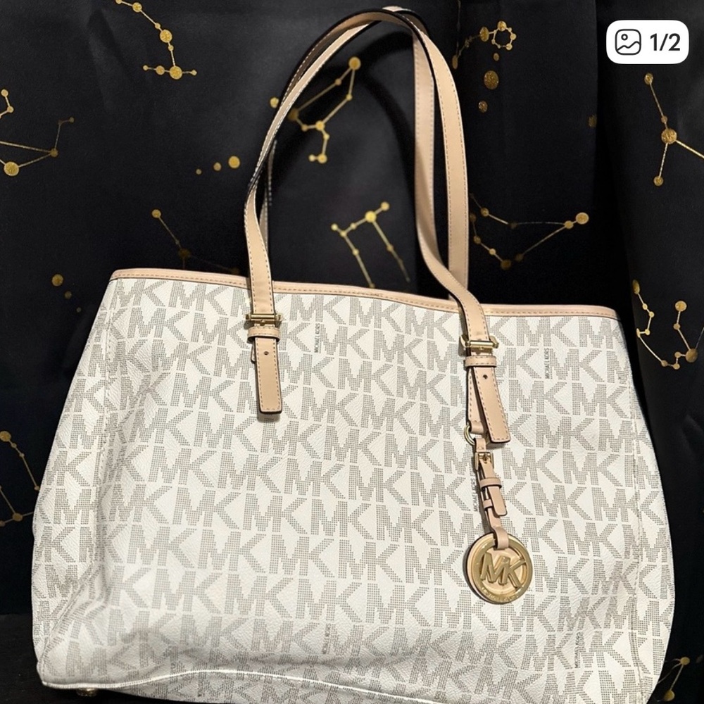 Michael Kors Cream and Tan MK Logo Jet Set Tote